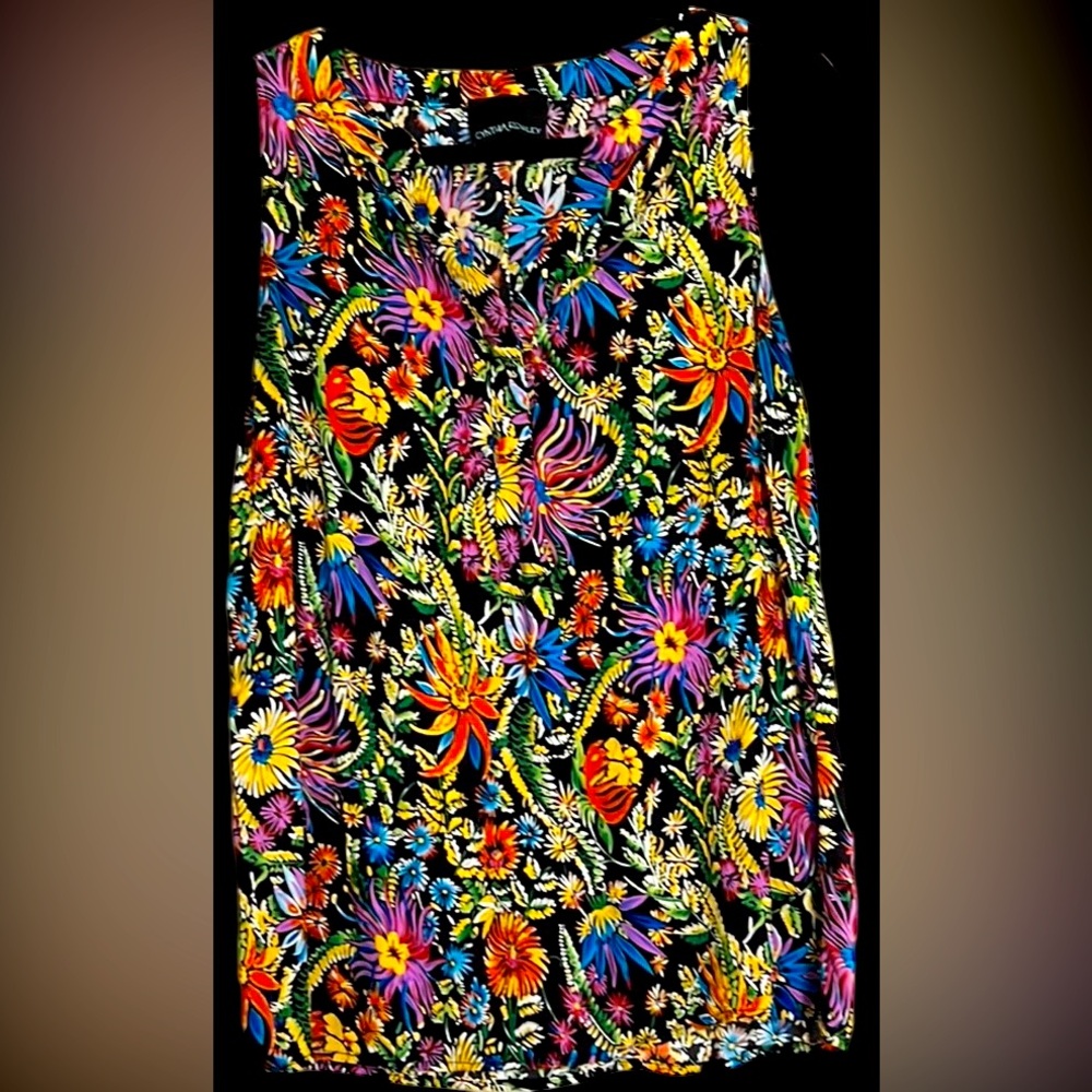 CYNTHIA ROWLEY Black/Green/Yellow Floral Sleeveless V-Neck Tank, Sz Large, GUC.